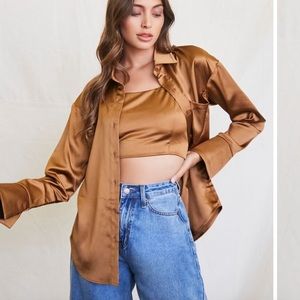 Satin set cropped cami with button down blouse